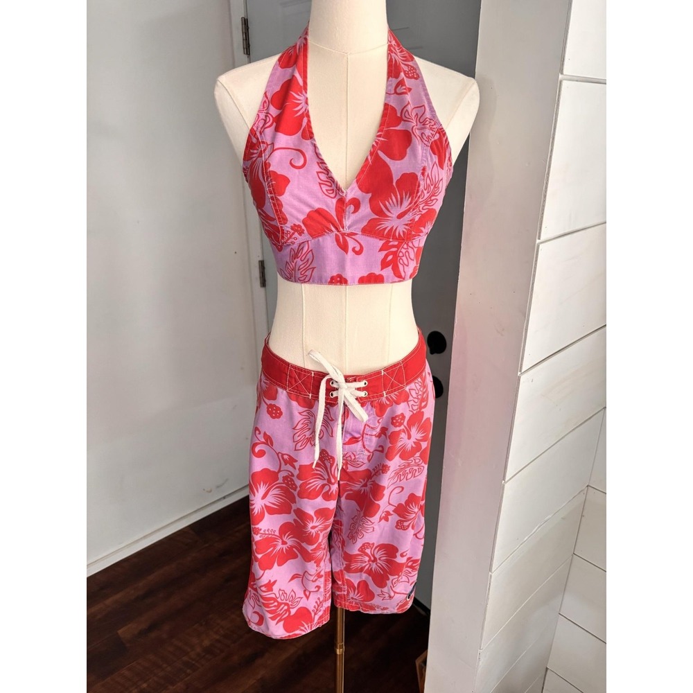 MOB Bikini Set Juniors 7 Small Red Floral Halter Top Board Shorts Hawaii Surf